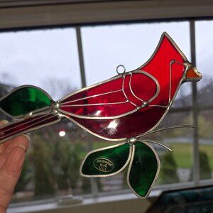 Vintage Stained Glass Cardinal Suncatcher Red Bird Window Hanging Handcrafted US